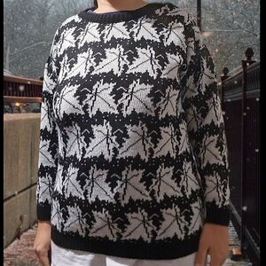 Laser Beams Black & White Leaf Knitted Sweater Sz Sm